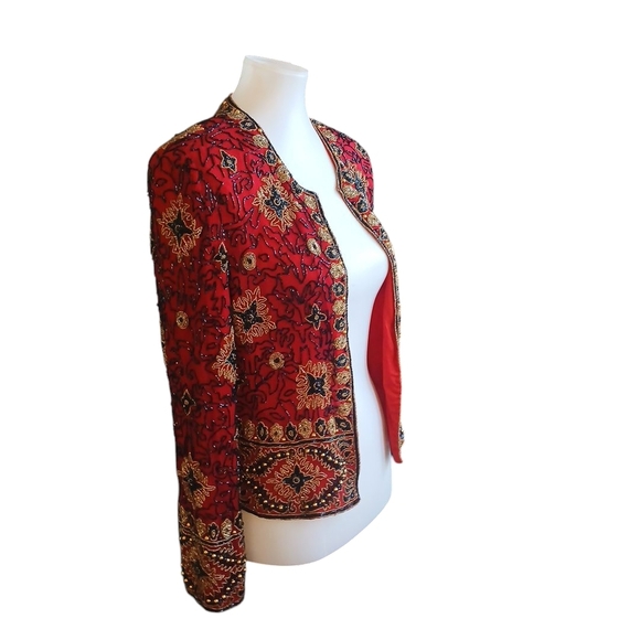 Pappel Boutique Red and Gold Ornate Cropped Blazer Size Medium - Picture 1 of 8